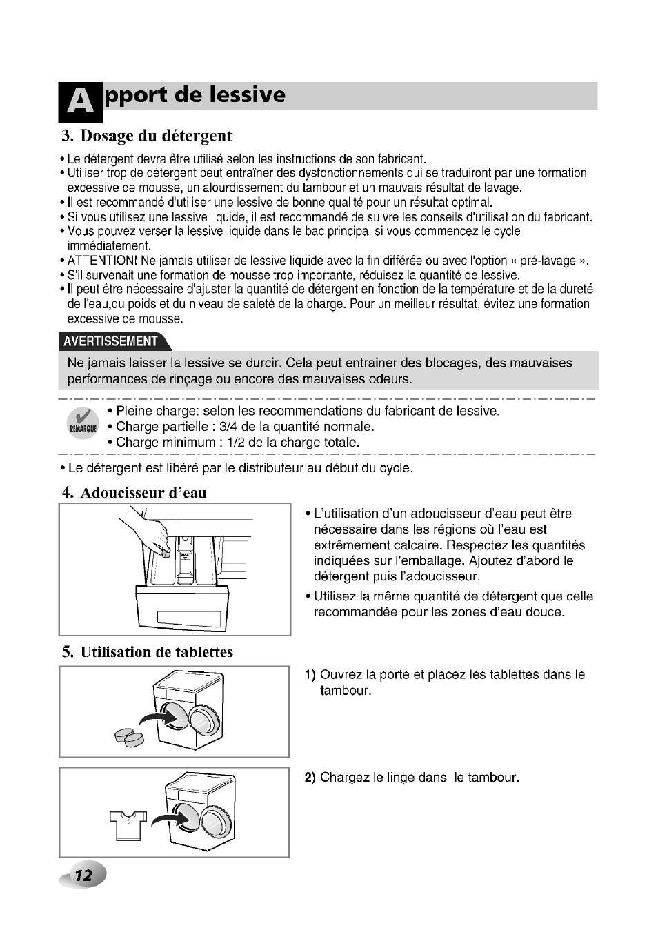 Tvpport de lessive, Dosage du détergent, Apport de lessive | Adoucisseur d’eau | LG F1492QD1 User Manual | Page 106 / 158