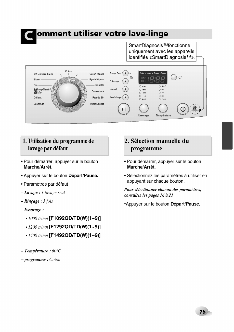 Иш18айоп du programme de lavage par défaut, Sélection manuelle du programme | LG F1492QD1 User Manual | Page 109 / 158