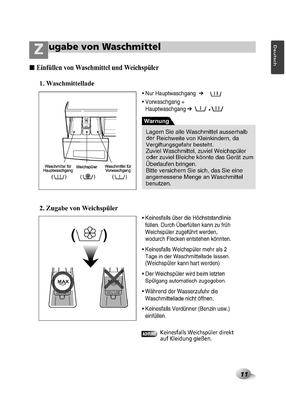 Ugabe von waschmittel, Einfüllen von waschmittel nnd weichspüler, J_/ . vil | Zugabe von weichspüler | LG F1492QD1 User Manual | Page 11 / 158