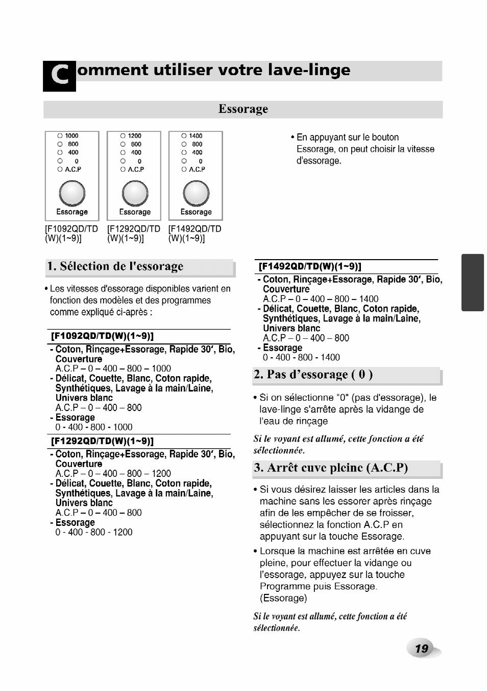 Pas d’essorage ( 0 ), Arrêt cuve pleine (a.c.p) | LG F1492QD1 User Manual | Page 113 / 158