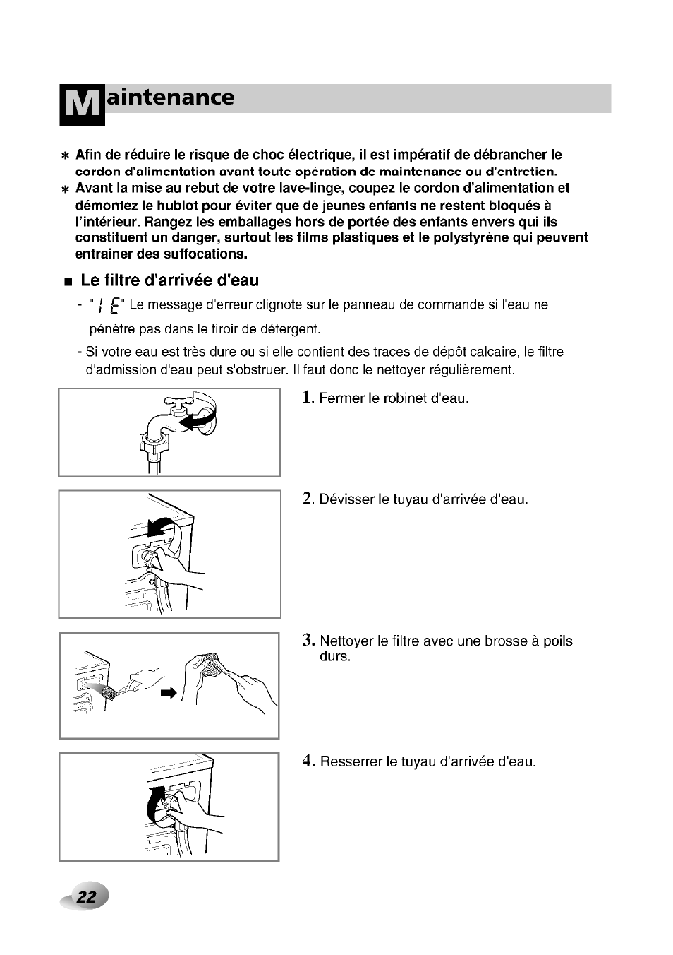 Le filtre d'arrivée d'eau, Aintenance | LG F1492QD1 User Manual | Page 116 / 158