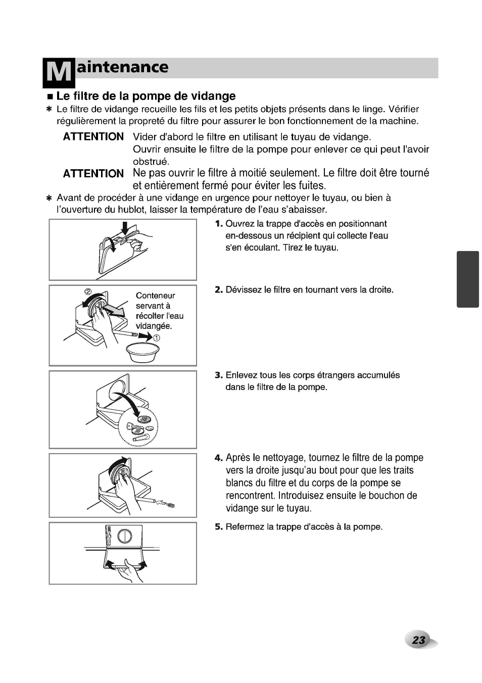 Le filtre de la pompe de vidange, Aintenance | LG F1492QD1 User Manual | Page 117 / 158