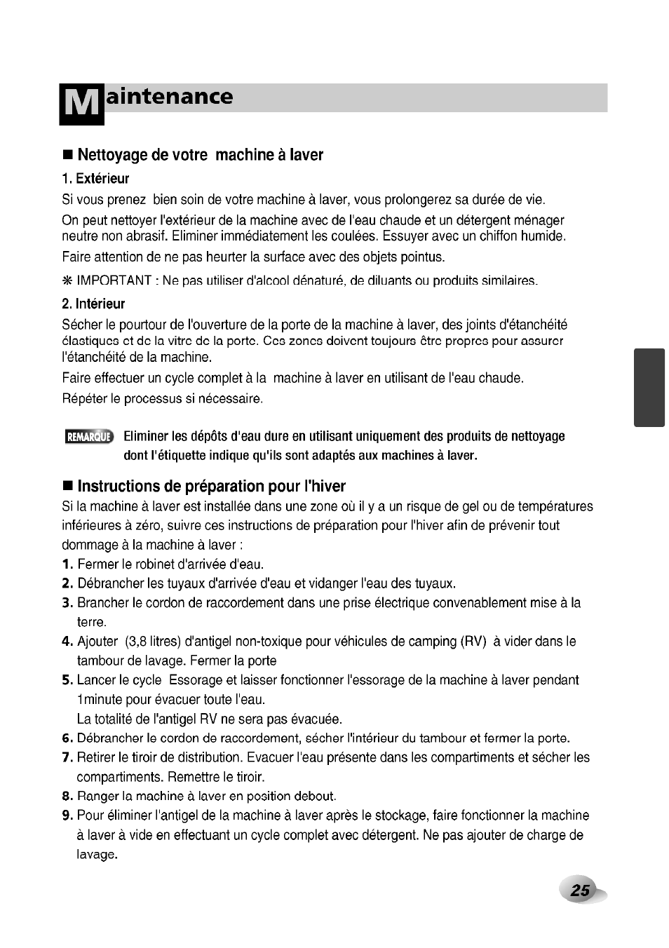 Nettoyage de votre machine à laver, Extérieur, Intérieur | Instructions de préparation pour i'hiver, Aintenance | LG F1492QD1 User Manual | Page 119 / 158