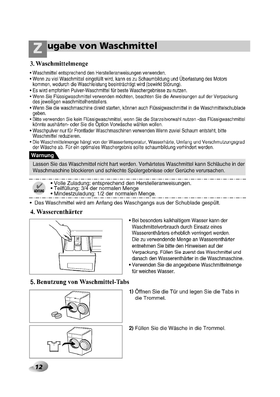 Ugabe von waschmittel, Waschmittelmenge, Wasserenthärter | LG F1492QD1 User Manual | Page 12 / 158