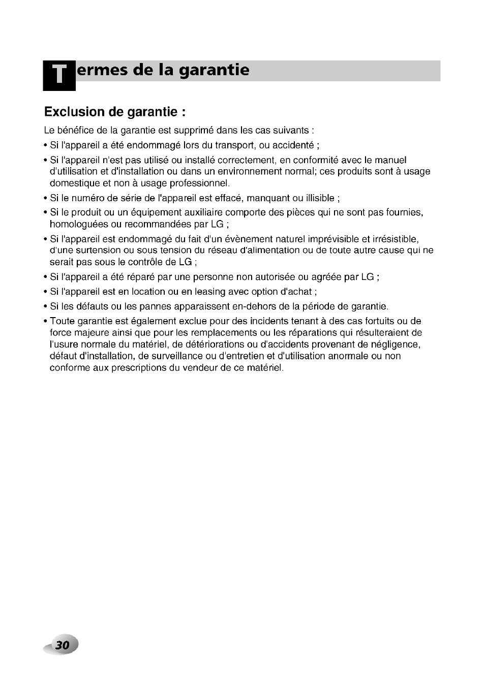 Ermes de la garantie, Termes de la garantie, Exclusion de garantie | LG F1492QD1 User Manual | Page 124 / 158