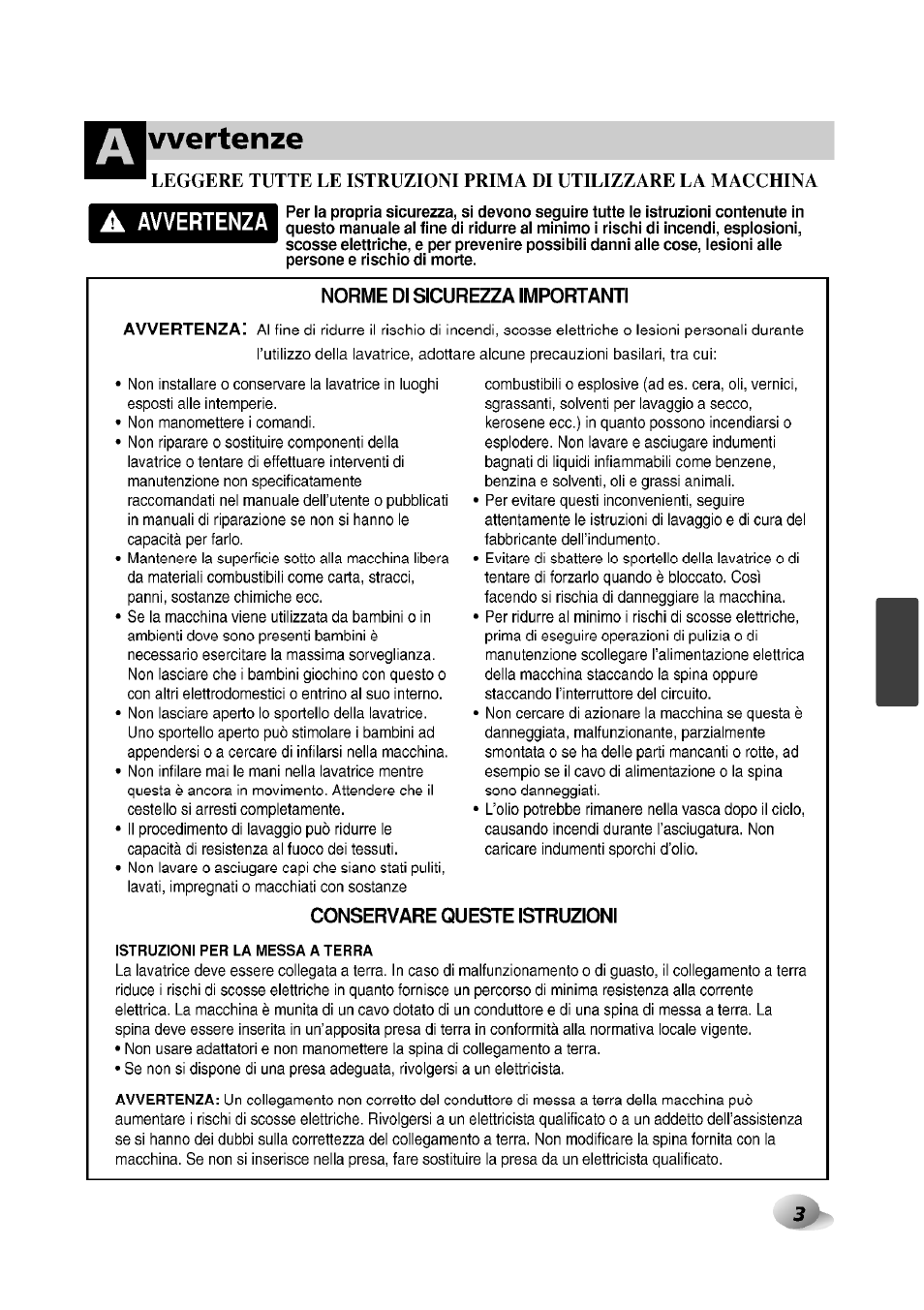 Norme di sicurezza importanti, Conservare queste istruzioni, Avvertenze | LG F1492QD1 User Manual | Page 129 / 158