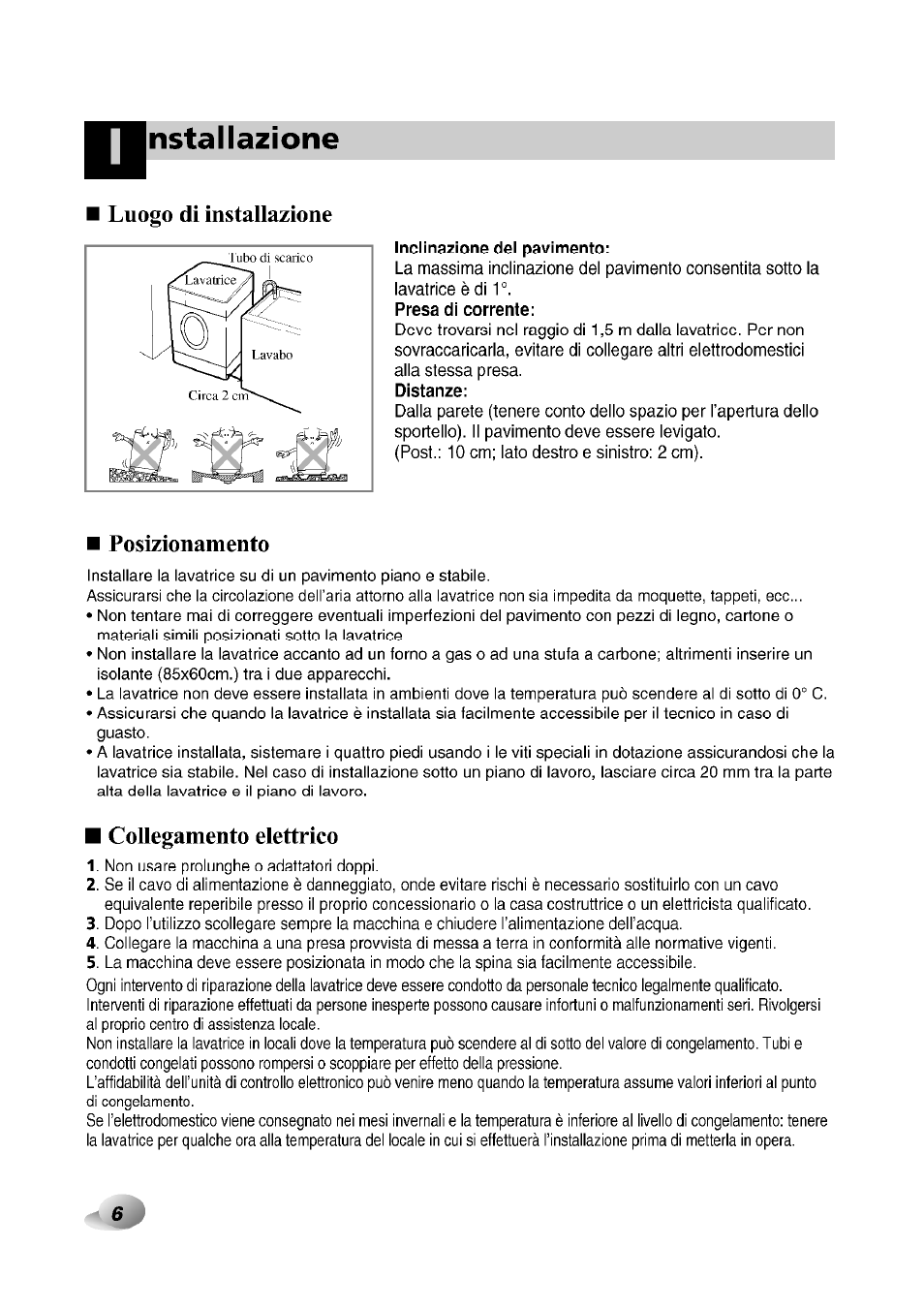 Luogo di installazione, Posizionamento, Collegamento elettrico | Nstallazione | LG F1492QD1 User Manual | Page 132 / 158