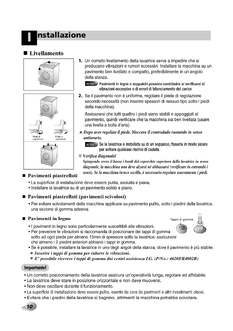 Livellamento, Nstallazione, Pavimenti piastrellati | Pavimenti piastrellati (pavimenti scivolosi), Pavimenti in legno | LG F1492QD1 User Manual | Page 136 / 158
