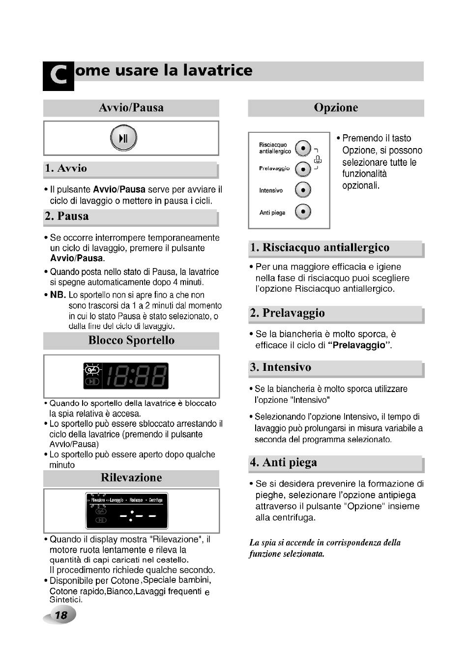 Avvio/pausa, Opzione, Avvio | Pausa, Risciacquo autiallergico, Prelavaggio, Luteusivo, Auti piega, Orne usare la lavatrice, Avvio/pausa mi opzione 1. avvio | LG F1492QD1 User Manual | Page 144 / 158