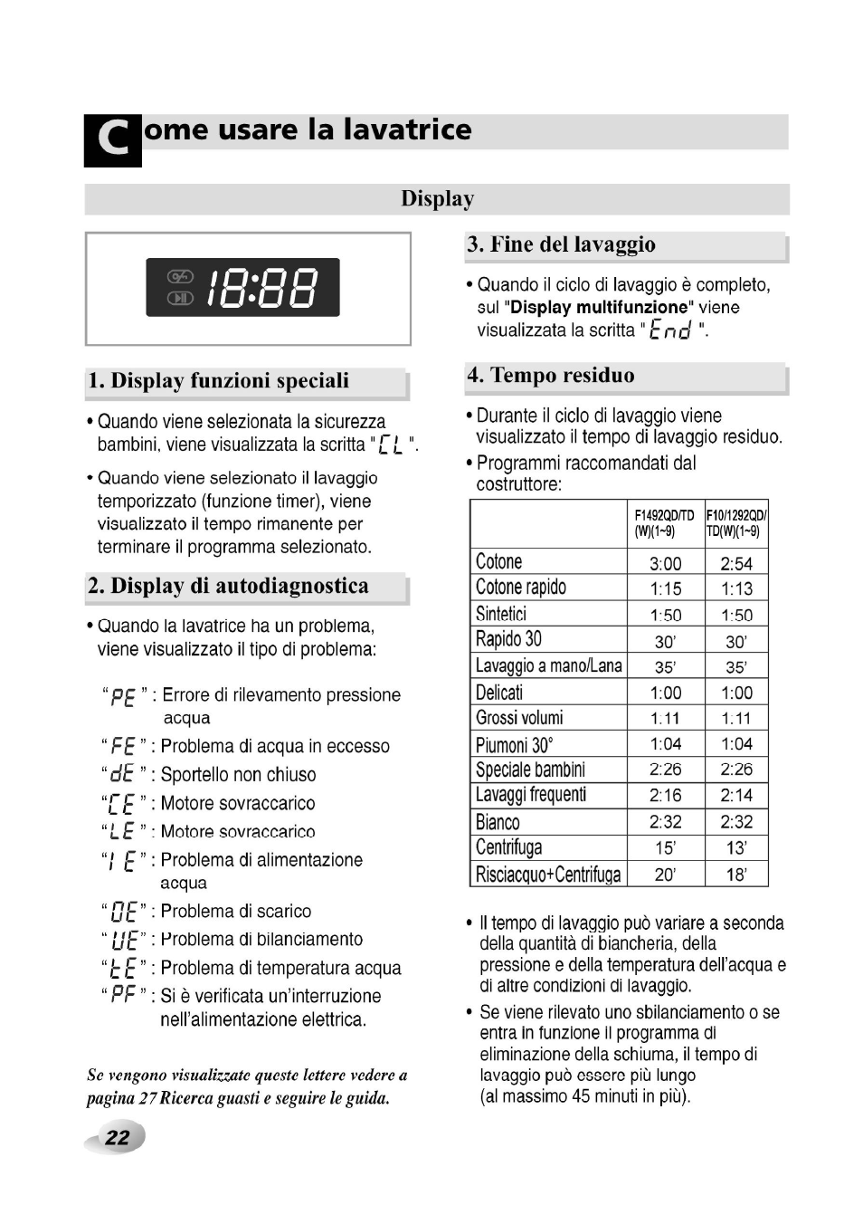 Display funzioni speciali, Display di autodiagnostica, Orne usare la lavatrice | He “e e, Pe “fe “de, N c u c, Display 3. fine del lavaggio, Tempo residuo | LG F1492QD1 User Manual | Page 148 / 158