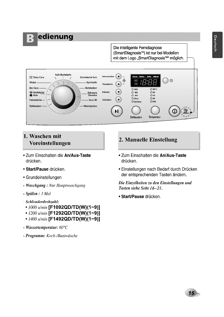 Waschen mit voreinstellungen, 1000 и/min [f1092qd/td(w)(1~9), 1200 u/min [f1292qd/td(w)(1~9) | 1400 u/min [f1492qd/td(w)(1~9), Edienung, Manuelle einstellung | LG F1492QD1 User Manual | Page 15 / 158