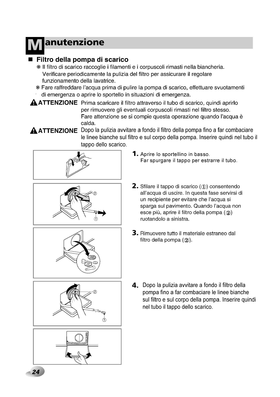 Filtro della pompa di scarico, Anutenzione | LG F1492QD1 User Manual | Page 150 / 158