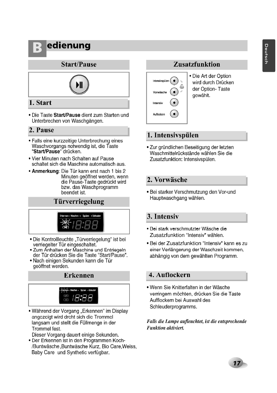 Start, Pause, T ürverriegelung | Erkennen, Zusatzfunktion, Intensivspülen, Vorwäsche, Intensiv, Auflockern, Edienung | LG F1492QD1 User Manual | Page 17 / 158