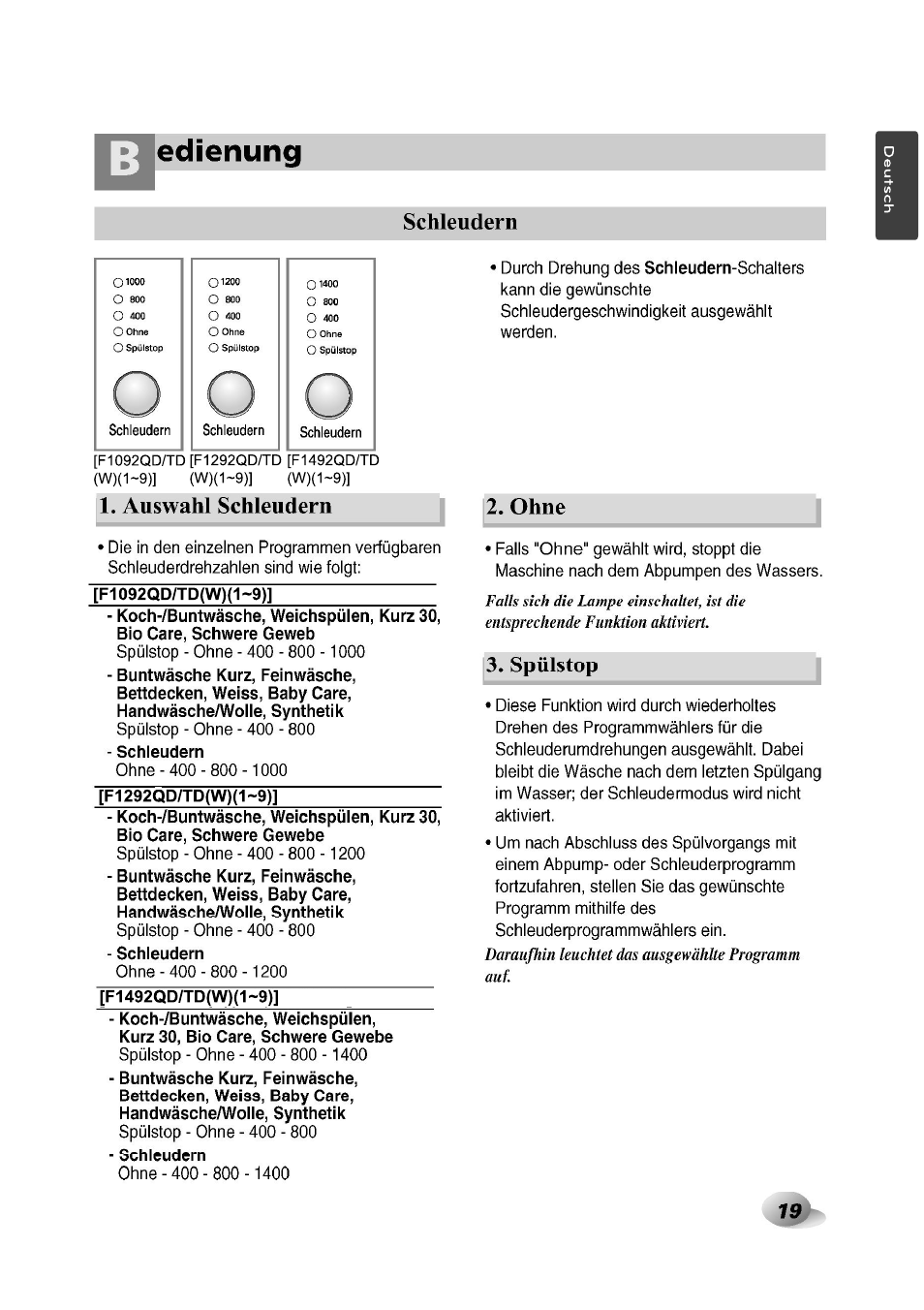 Schleudern, Auswahl schleudern, Ohne | Spülstop, Edienung | LG F1492QD1 User Manual | Page 19 / 158