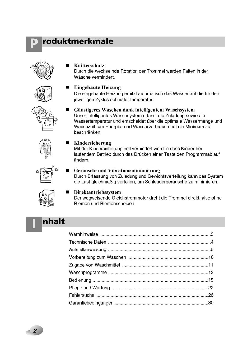Roduktmerkmale, Nhalt | LG F1492QD1 User Manual | Page 2 / 158