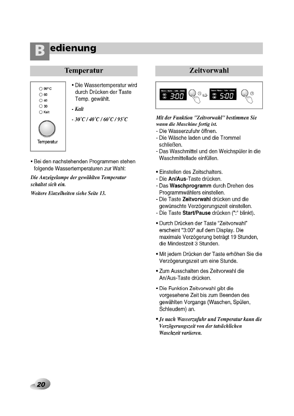 Temperatur, Zeitvorwahl, Bedienung | LG F1492QD1 User Manual | Page 20 / 158