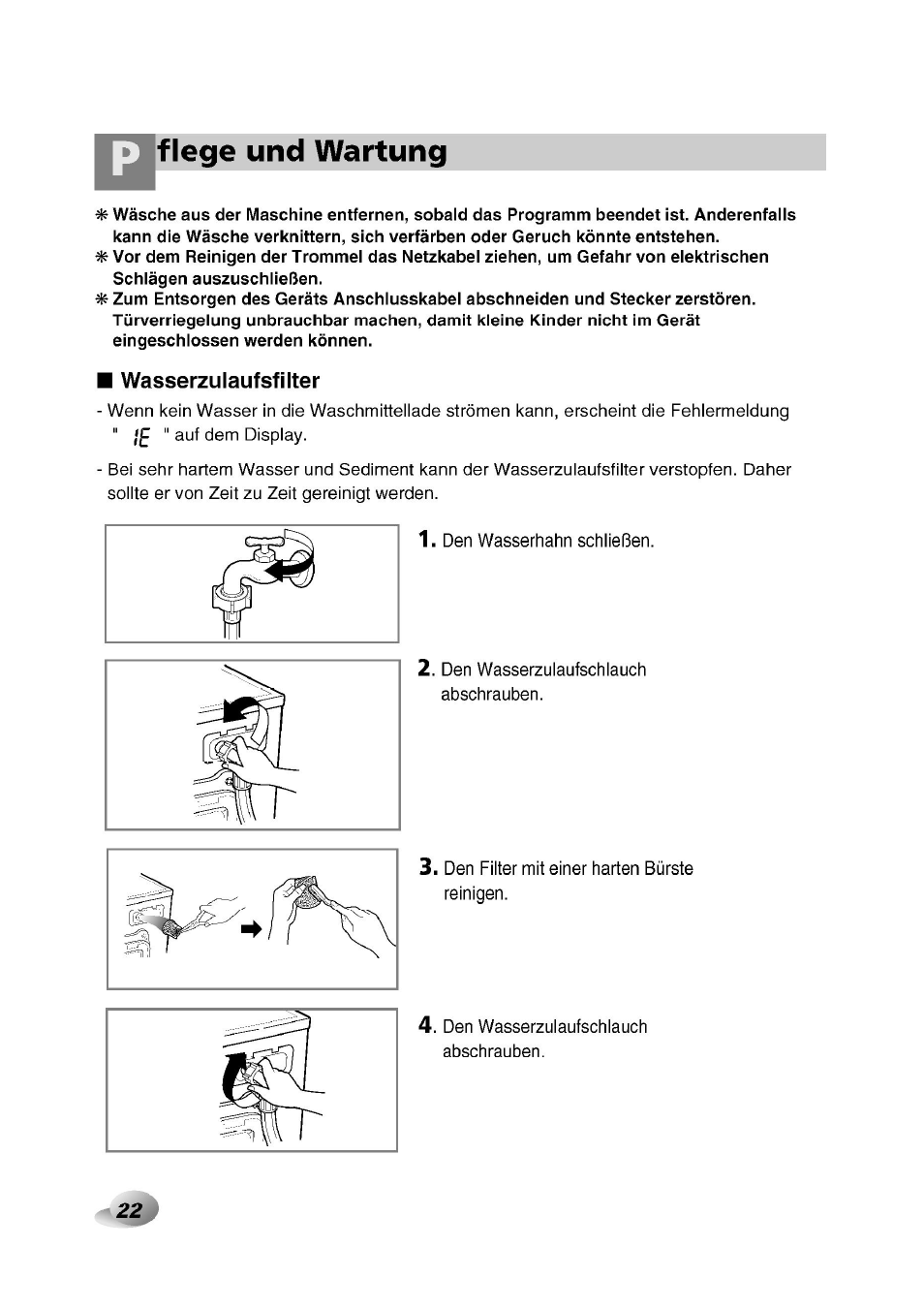 Wasserzulaufsfilter, Pflege und wartung | LG F1492QD1 User Manual | Page 22 / 158