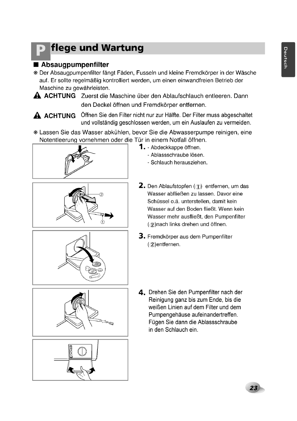 Absaugpumpenfilter, Flege und wartung, 23 f | LG F1492QD1 User Manual | Page 23 / 158