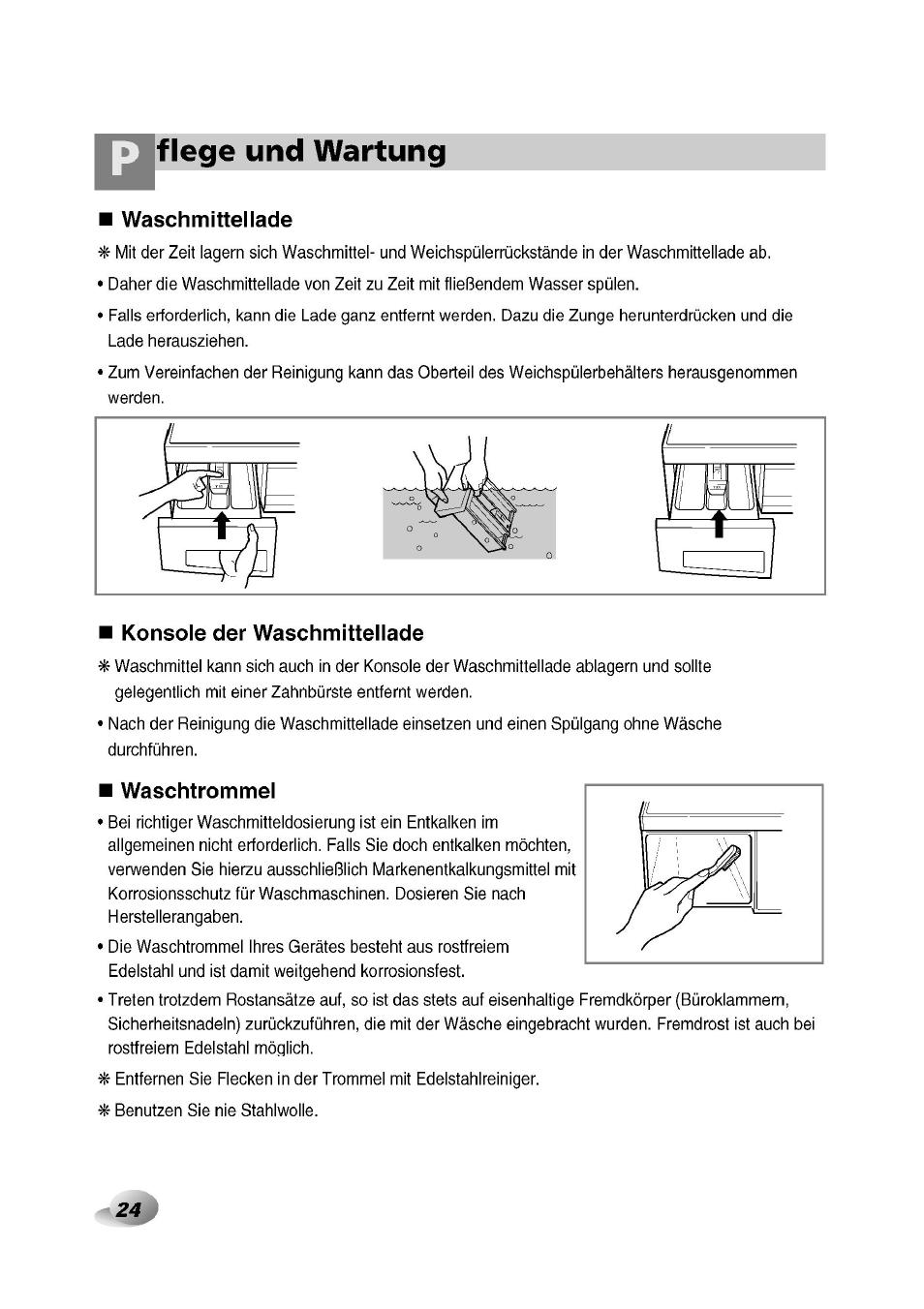 Wasch mittel lade, Konsole der waschmittellade, Waschtrommel | Flege und wartung | LG F1492QD1 User Manual | Page 24 / 158