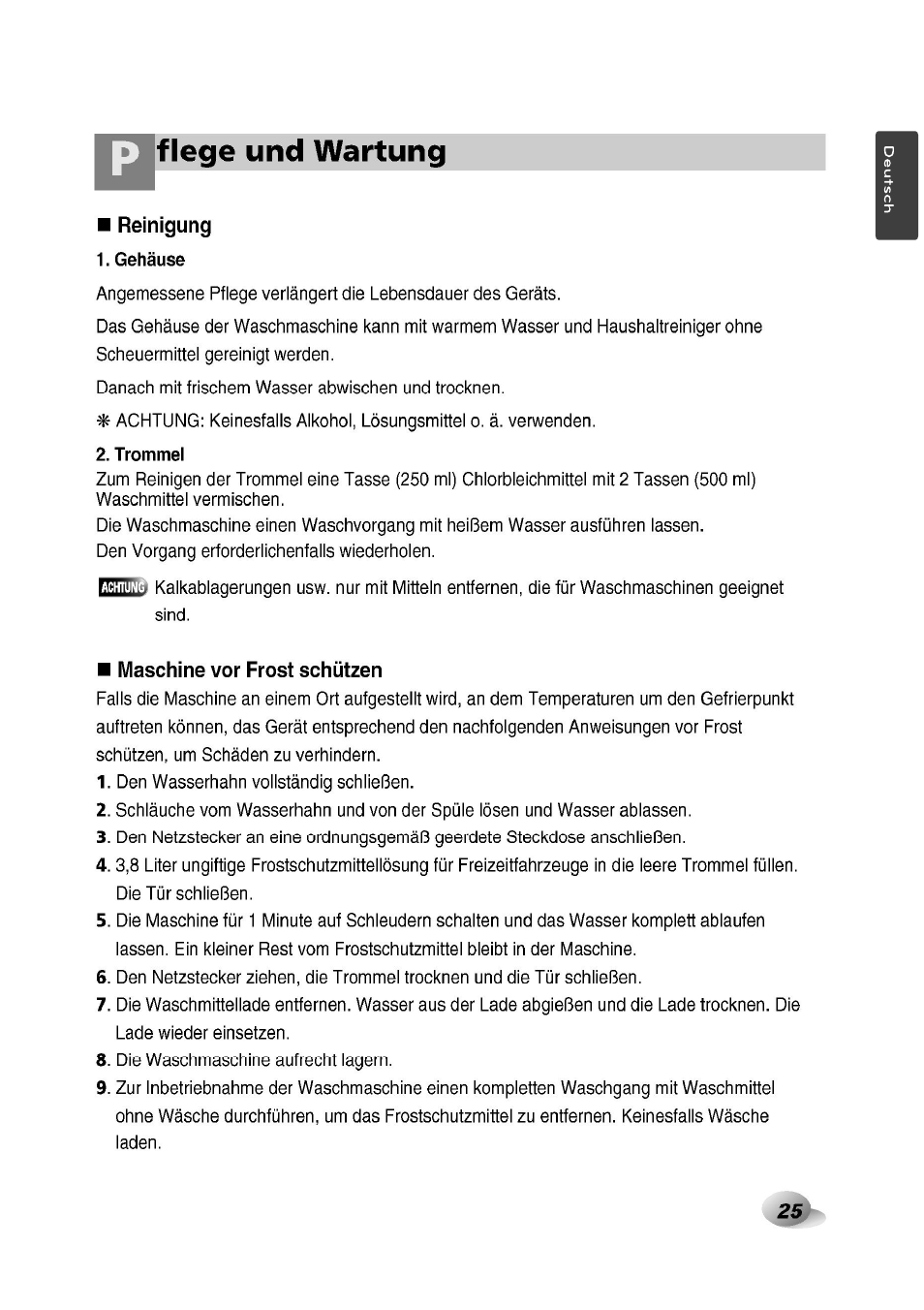 Reinigung, Maschine vor frost schützen, Flege und wartung | LG F1492QD1 User Manual | Page 25 / 158