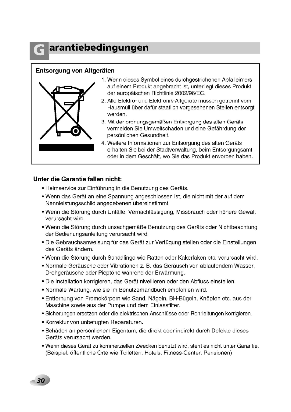 Entsorgung von altgeräten, Unter die garantie teilen nicht, Arantiebedingungen | LG F1492QD1 User Manual | Page 30 / 158