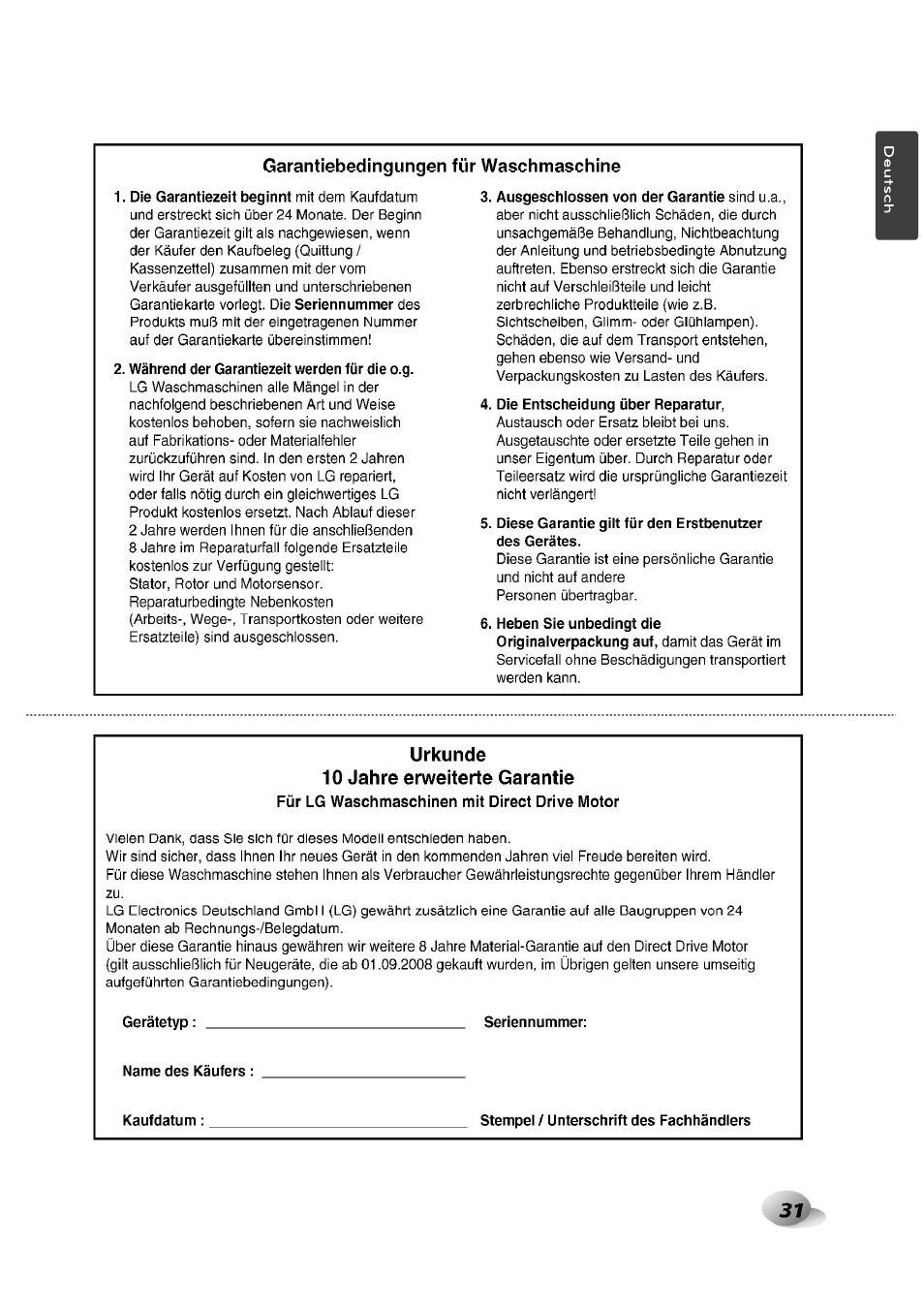 Garantiebedingungen für waschmaschine, Urkunde, 10 jahre erweiterte garantie | Urkunde 10 jahre erweiterte garantie, Für lg waschmaschinen mit direct drive motor | LG F1492QD1 User Manual | Page 31 / 158