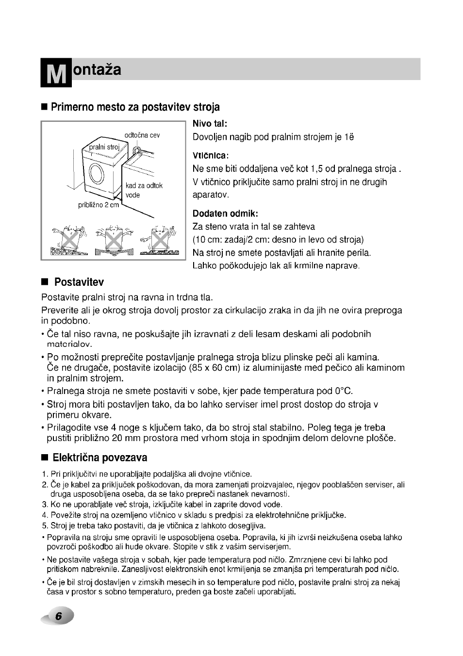 Primerno mesto za postavitev stroja, Postavitev, Elektricna povezava | Ontaza | LG F1492QD1 User Manual | Page 38 / 158