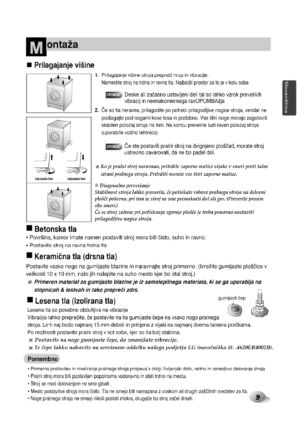 Betonska tla, Keramicna tla (drsna tla), Lesena tla (izolirana tla) gumija^p | Ontaza, Prilagajanje visine, Lesena tla (izolirana tla) | LG F1492QD1 User Manual | Page 41 / 158