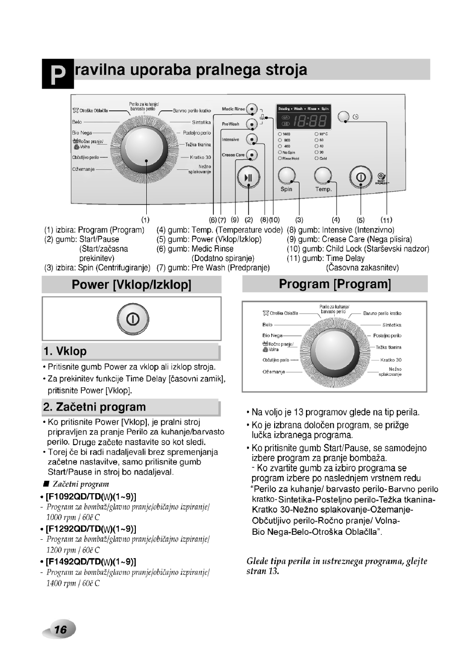 Power [vklop/lzkiop, Program [program, Vklop | Zacetni program, Ravilna uporaba pralnega stroja, Power [vklop/lzkiop] program [program] 1. vklop | LG F1492QD1 User Manual | Page 48 / 158