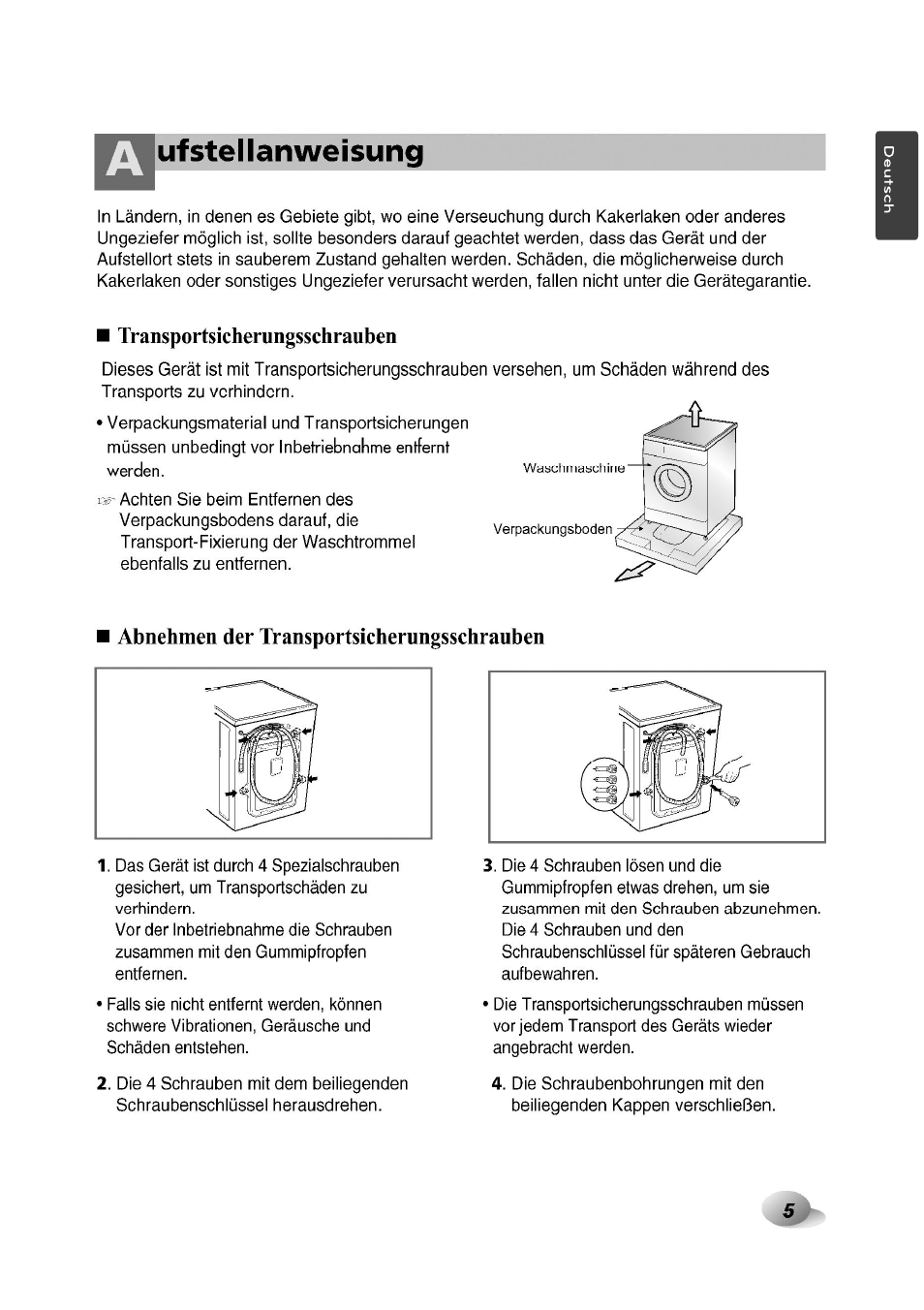 Transportsicherungsschrauben, Abnehmen der transportsicherungsschrauben, Tvutstellanweisung | LG F1492QD1 User Manual | Page 5 / 158