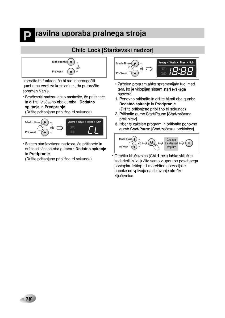 Ravilna uporaba pralnega stroja, Child lock [starsevski nadzor, Pravilna uporaba pralnega stroja | LG F1492QD1 User Manual | Page 50 / 158