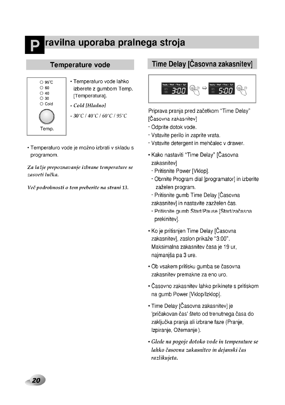 Ravilna uporaba pralnega stroja, Temperature vede, Time delay [casovna zakasnitev | LG F1492QD1 User Manual | Page 52 / 158