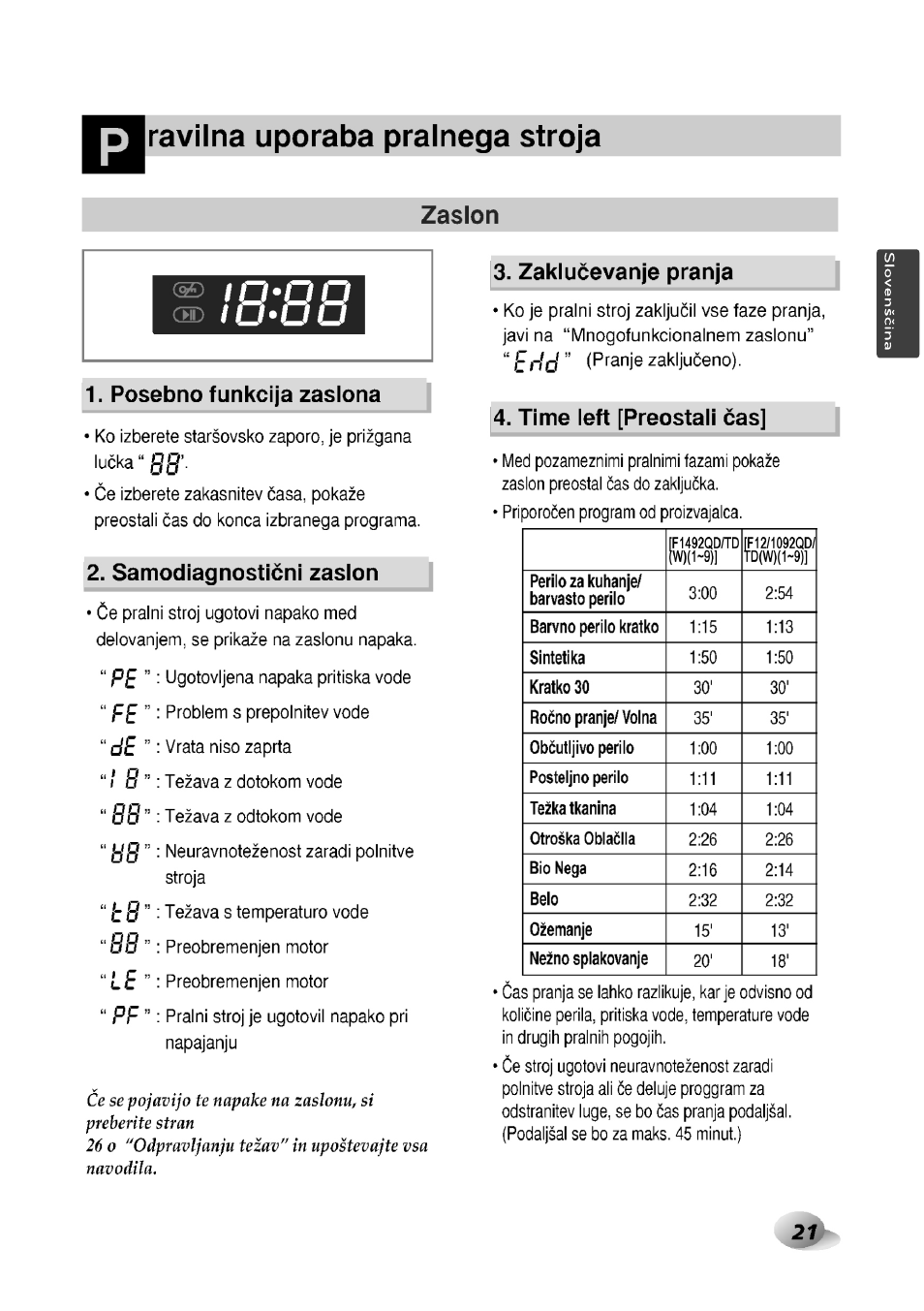 Zaslon, Posebno funkcija zaslona, Samodiagnostièni zaslon | Zaklucevanje pranja, Time left [preostali cas, Ravilna uporaba pralnega stroja, Pe fe de, Le pf | LG F1492QD1 User Manual | Page 53 / 158