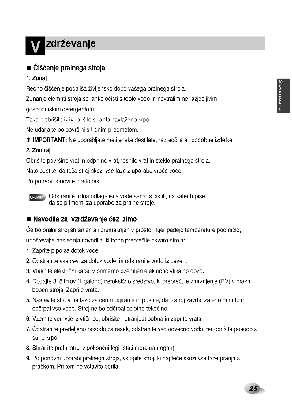 Ciscenje pralnega stroja, Navodila za vzrdzevanje caz zimo, Zdrzevanje | LG F1492QD1 User Manual | Page 57 / 158