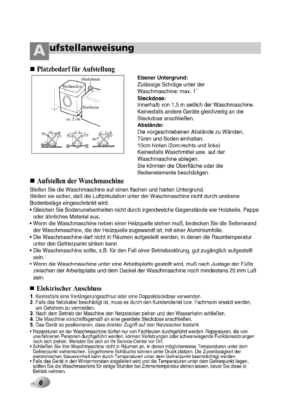 Platzbedarf für aufstellung, Aufstellen der waschmaschine, Elektrischer anschluss | T^uf stellanweisung | LG F1492QD1 User Manual | Page 6 / 158