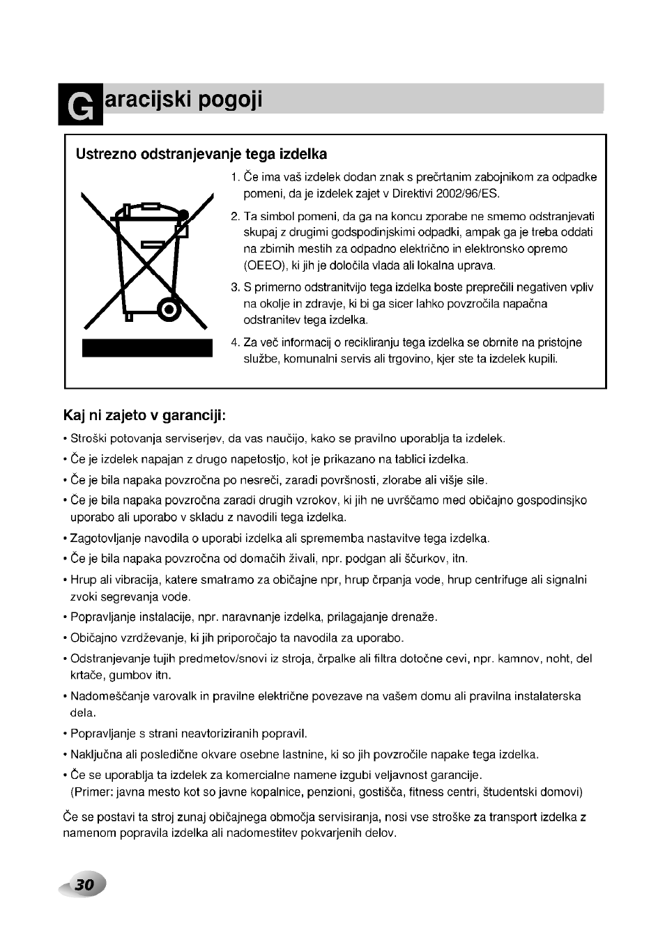 Aracijski pogoji, Ustrezno odstranjevanje tega izdelka, Kaj ni zajeto v garanciji | Garancijski pogoji | LG F1492QD1 User Manual | Page 62 / 158