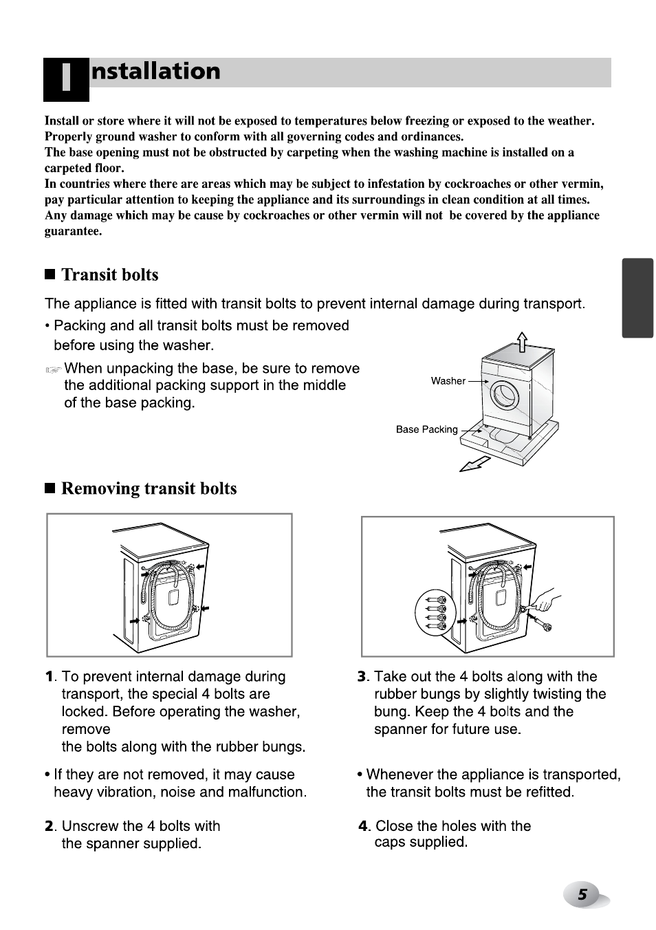 Transit bolts, Removing transit bolts, Nstallation | LG F1492QD1 User Manual | Page 67 / 158