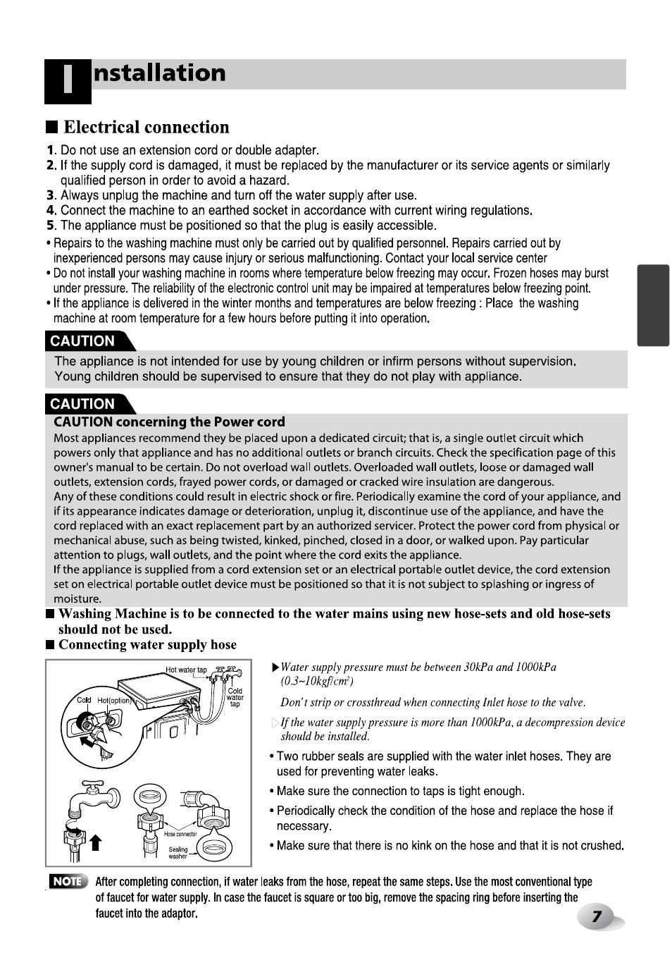 Electrical connection, Nstallation | LG F1492QD1 User Manual | Page 69 / 158