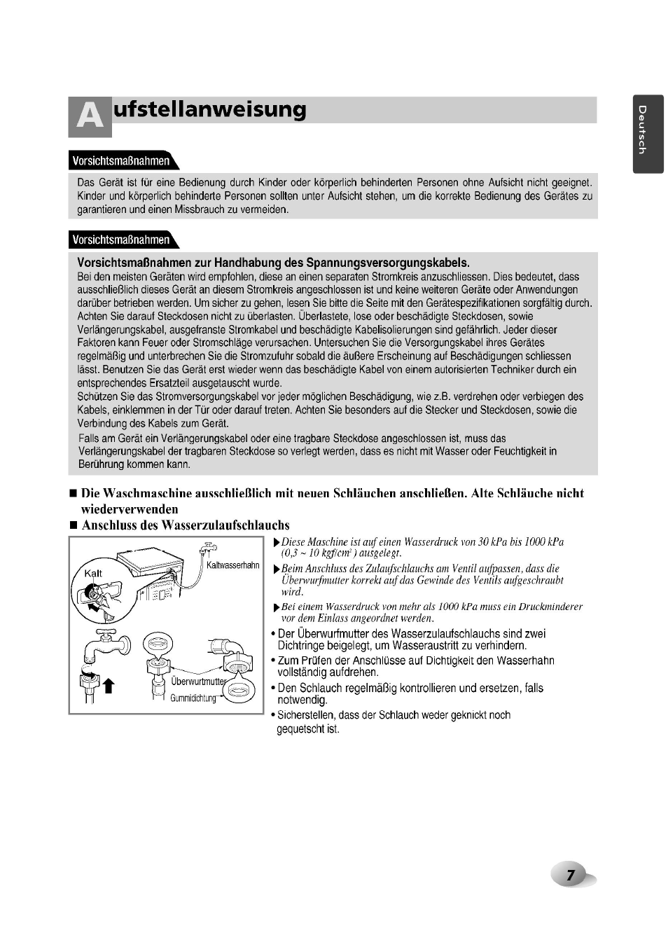 Tvuf stellanweisung, Anschluss des wasserzulaufschlauchs | LG F1492QD1 User Manual | Page 7 / 158