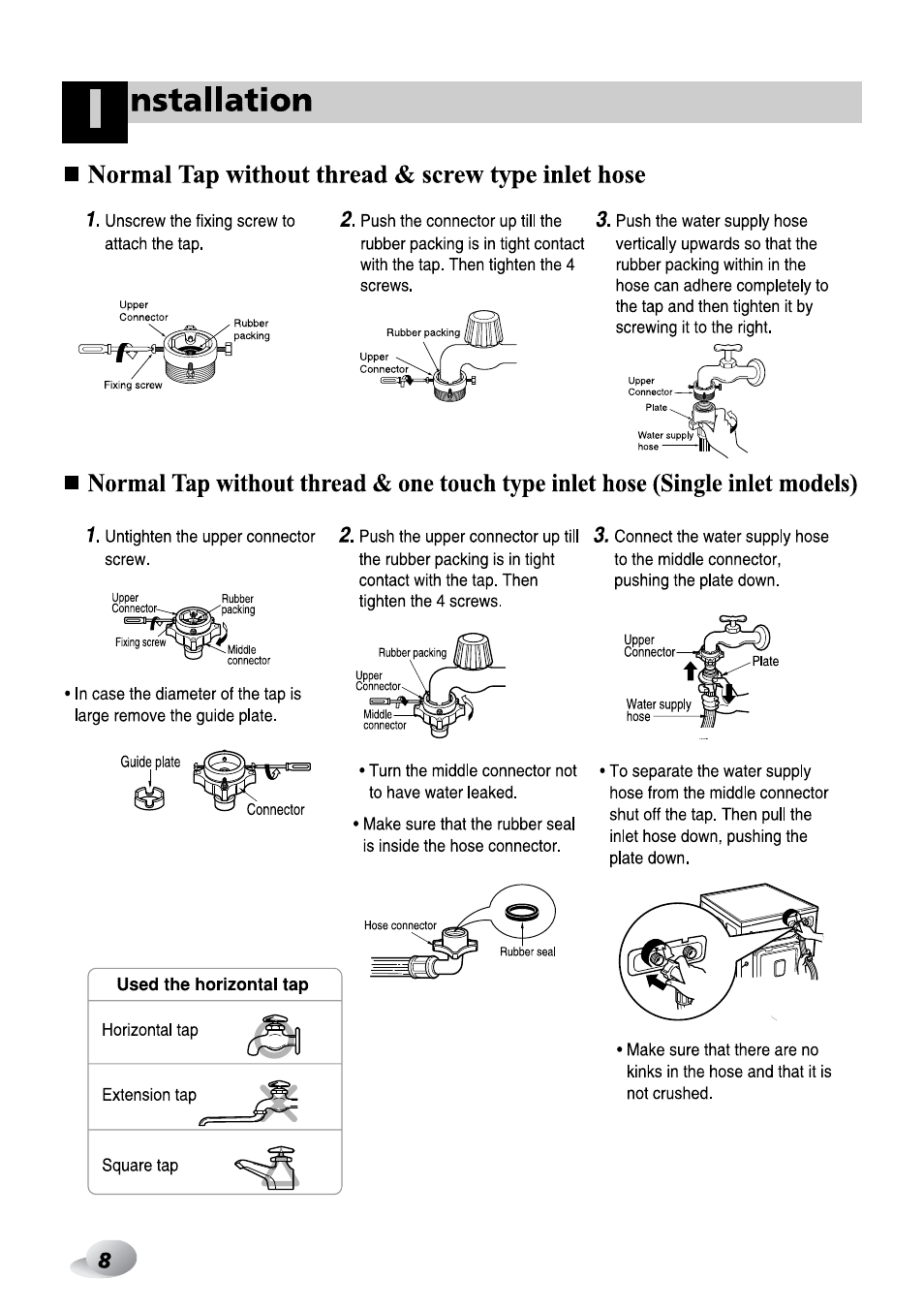 Normal tap without thread & screw type inlet hose, Nstallation | LG F1492QD1 User Manual | Page 70 / 158