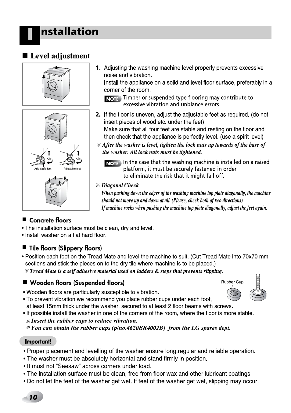 Level adjustment, Nstallation, Concrete floors | Tile floors (slippery floors), Wooden floors (suspended floors), Important! 3 | LG F1492QD1 User Manual | Page 72 / 158