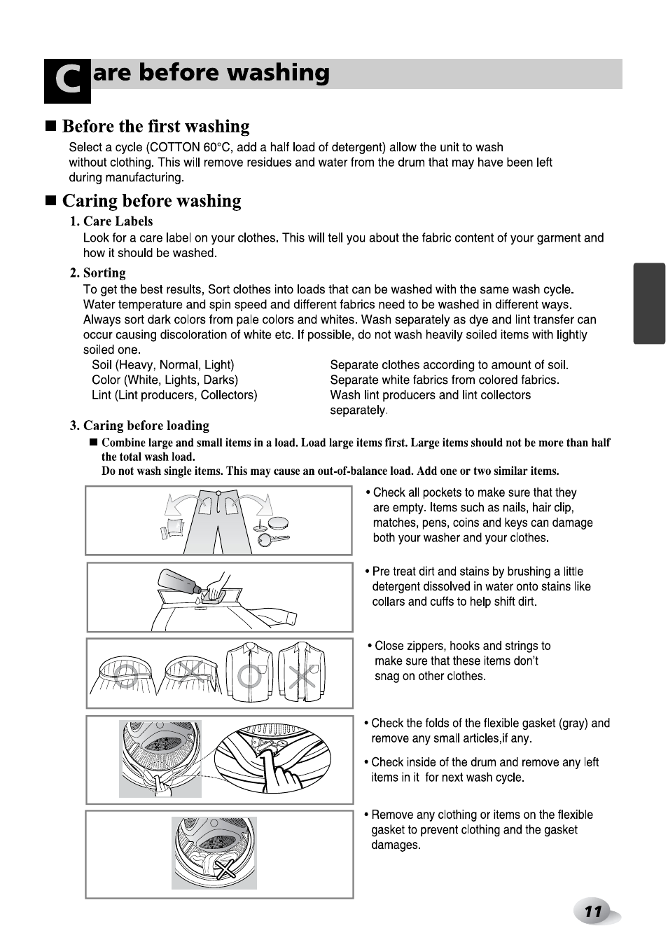 Are before washing, Before the first washing, Caring before washing | Care before washing | LG F1492QD1 User Manual | Page 73 / 158