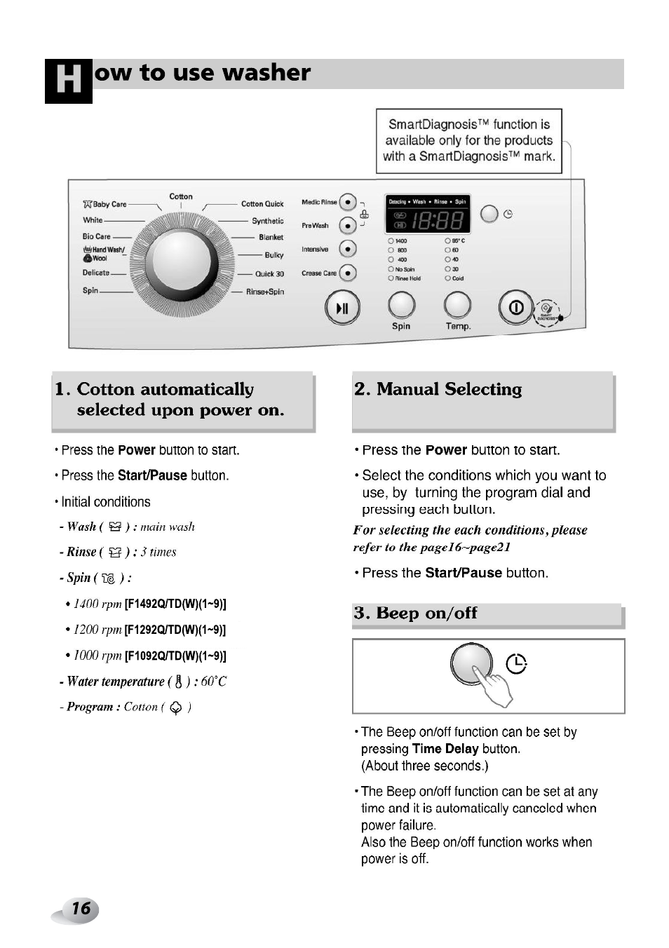 Cotton automatically selected upon power on, Manual selecting, Beep on/off | Ow to use washer | LG F1492QD1 User Manual | Page 78 / 158