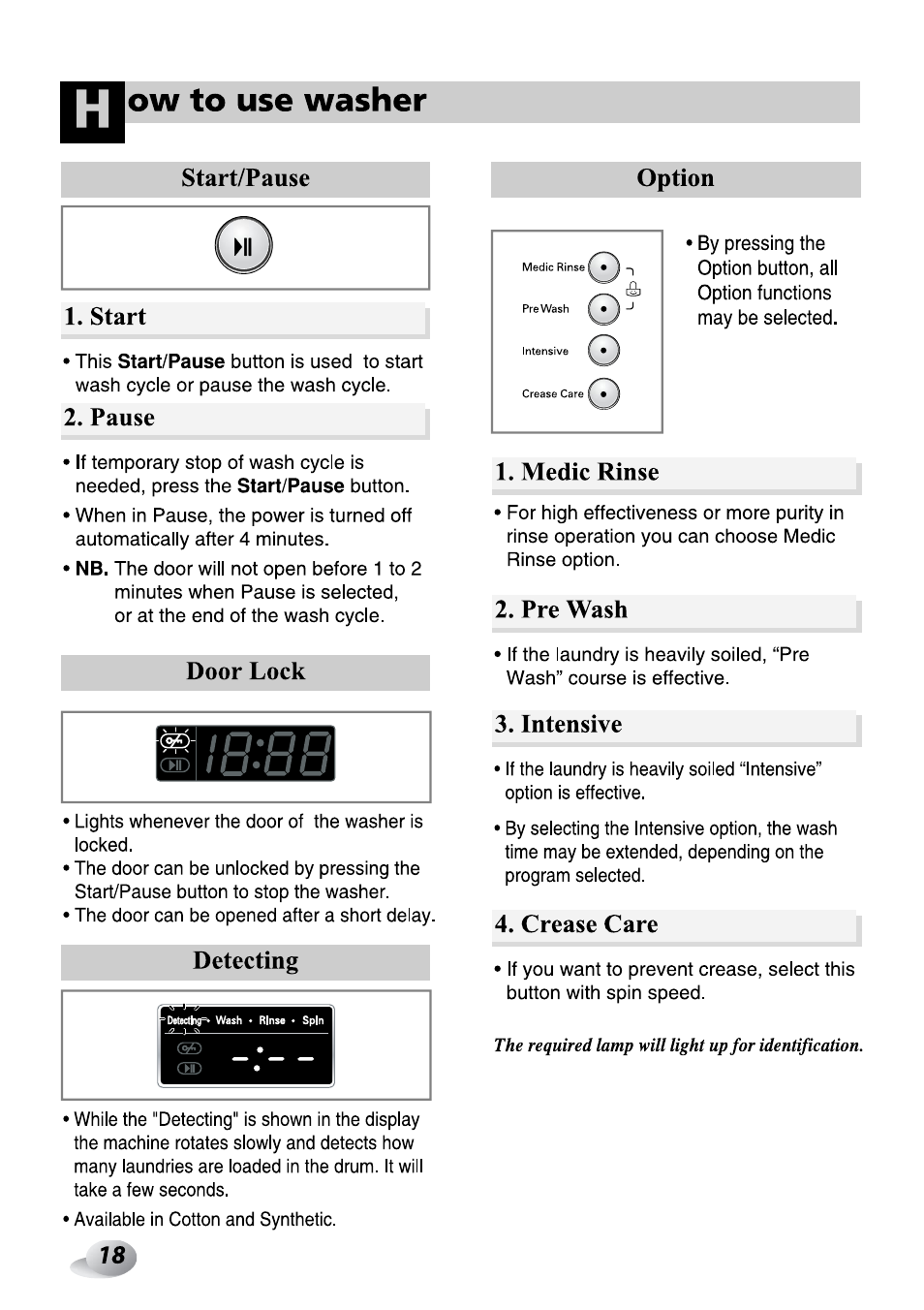 Pause, Option, Medic rinse | Pre wash, Intensive, Crease care, Ow to use washer, Start, Door lock, Detecting | LG F1492QD1 User Manual | Page 80 / 158