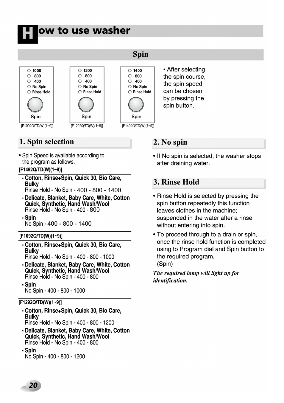 Spin, Spin selection, No spin | Rinse hold, Ow to use washer | LG F1492QD1 User Manual | Page 82 / 158