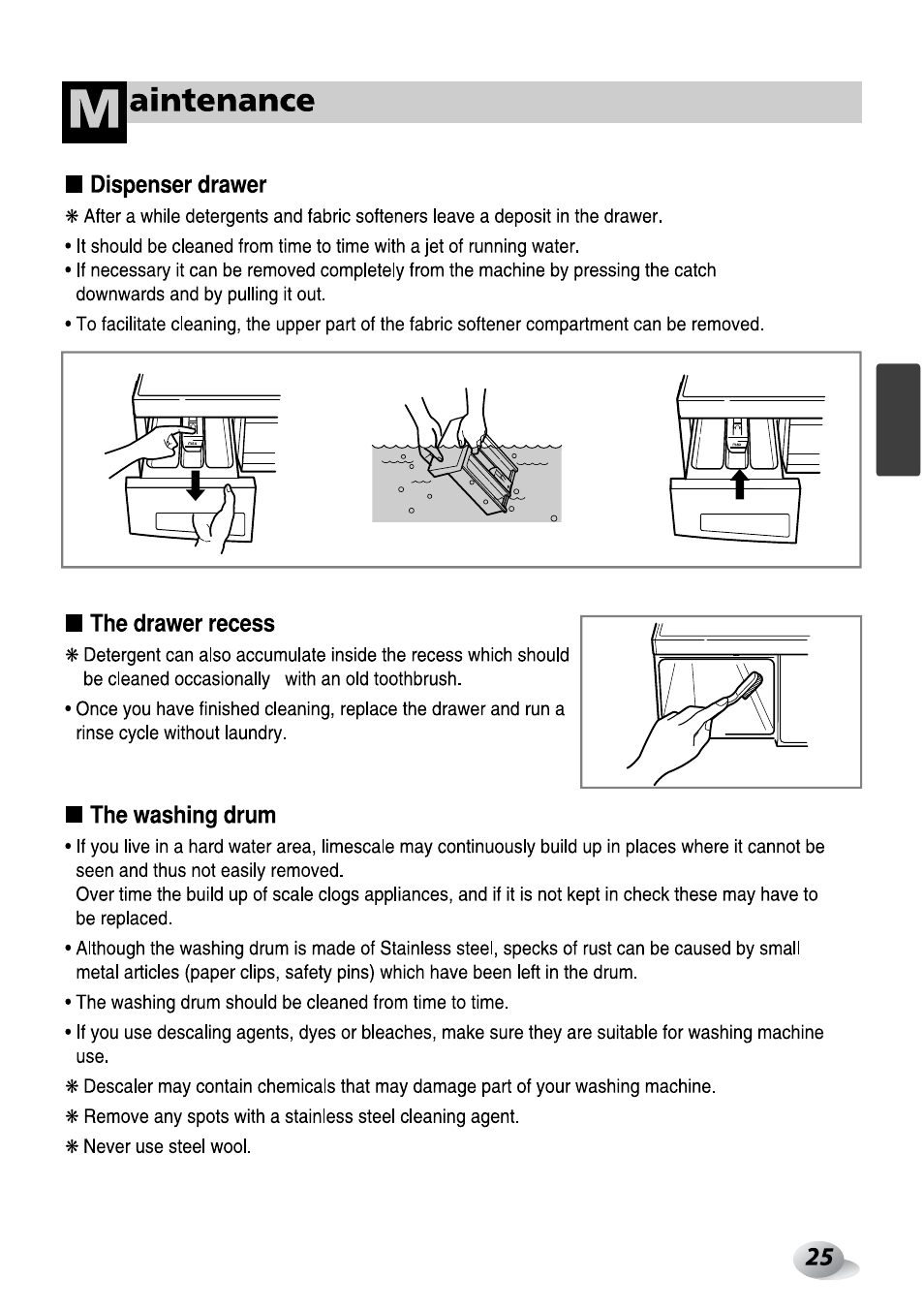 Dispenser drawer, The drawer recess, The washing drum | Aintenance | LG F1492QD1 User Manual | Page 87 / 158