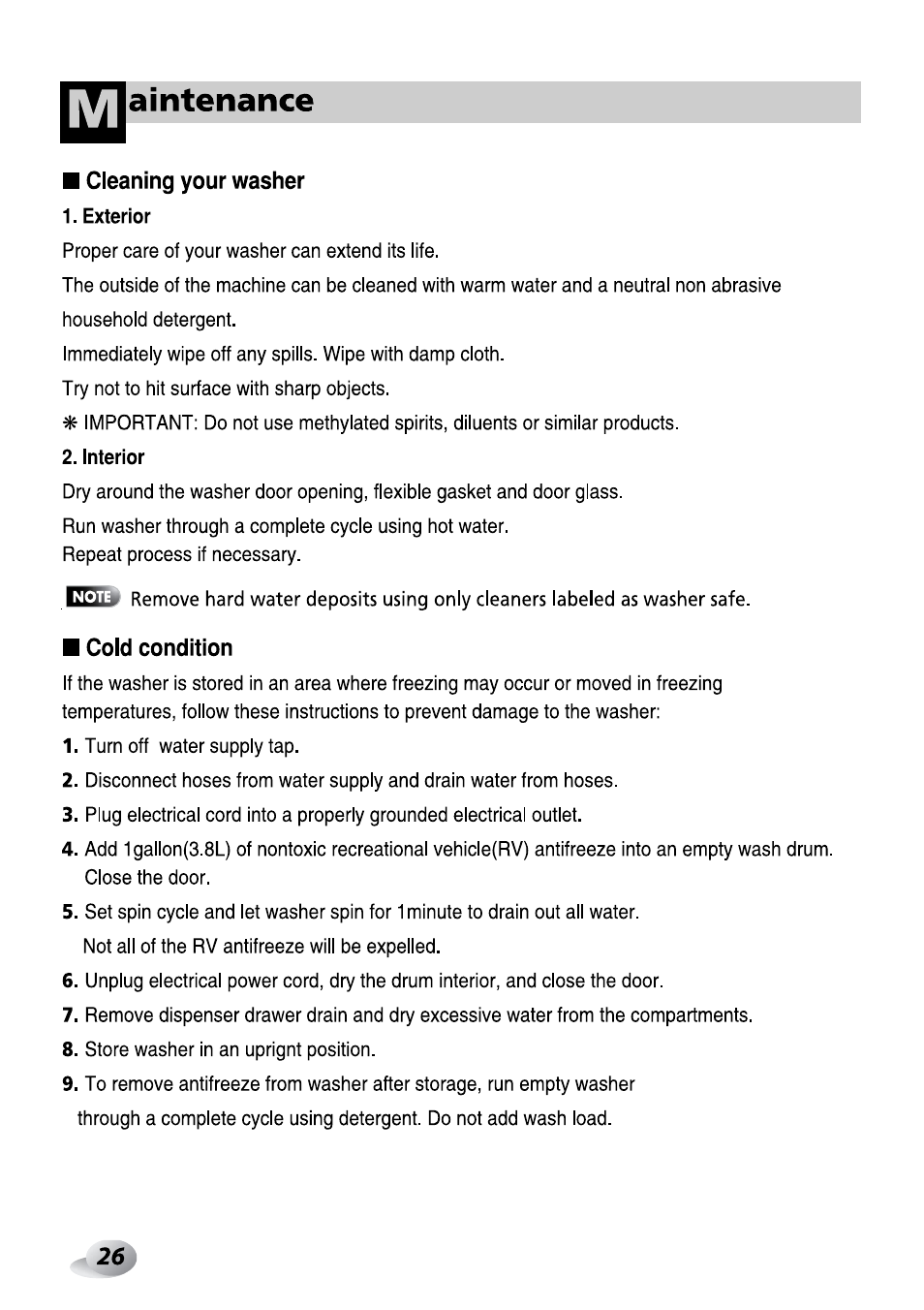 Cleaning your washer, Exterior, Interior | Cold condition, Aintenance | LG F1492QD1 User Manual | Page 88 / 158