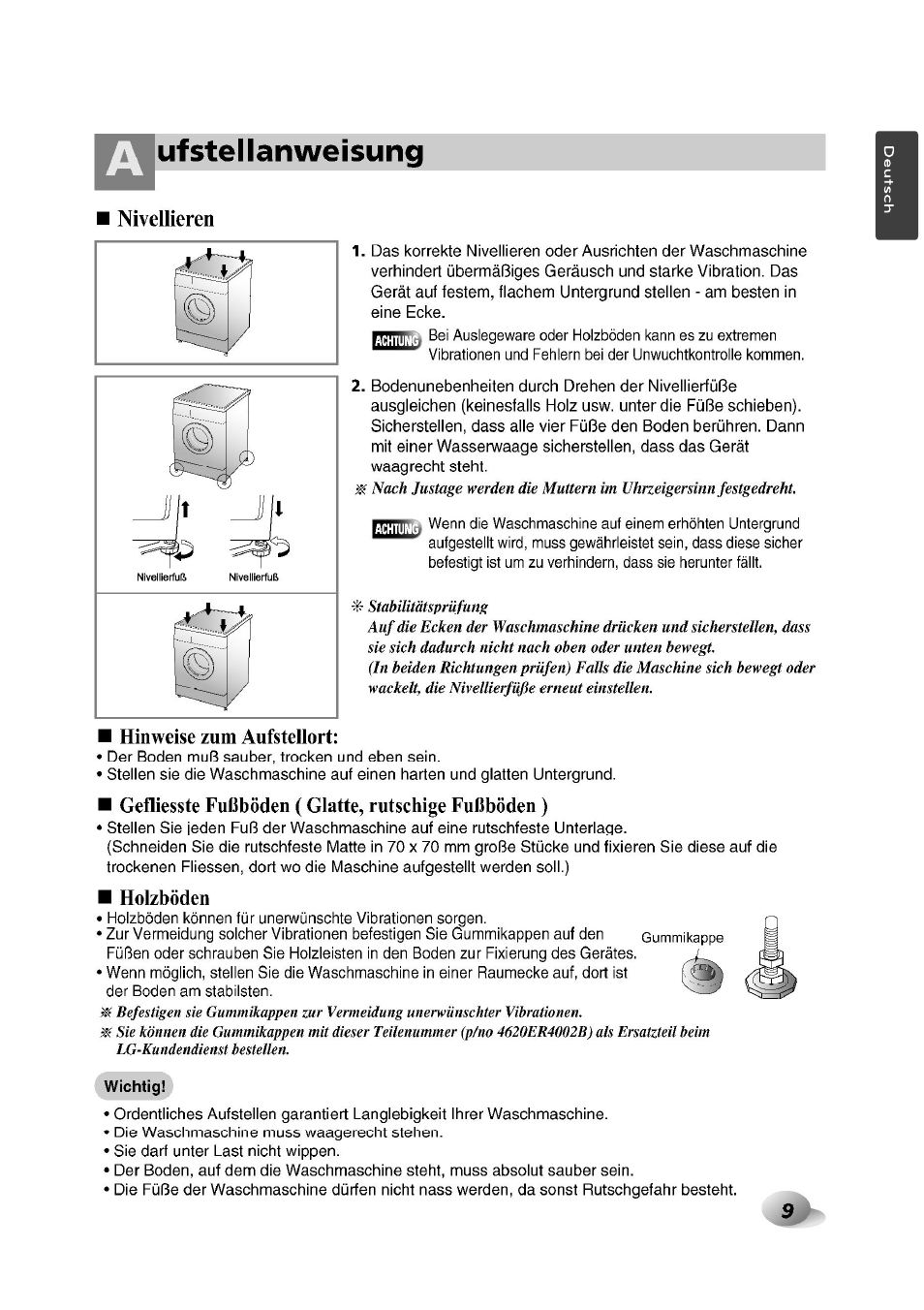 Nivellieren, T^uf stellanweisung, Hinweise zum aufstellort | Gefliesste fußböden (glatte, rutschige fußböden), Holzböden | LG F1492QD1 User Manual | Page 9 / 158
