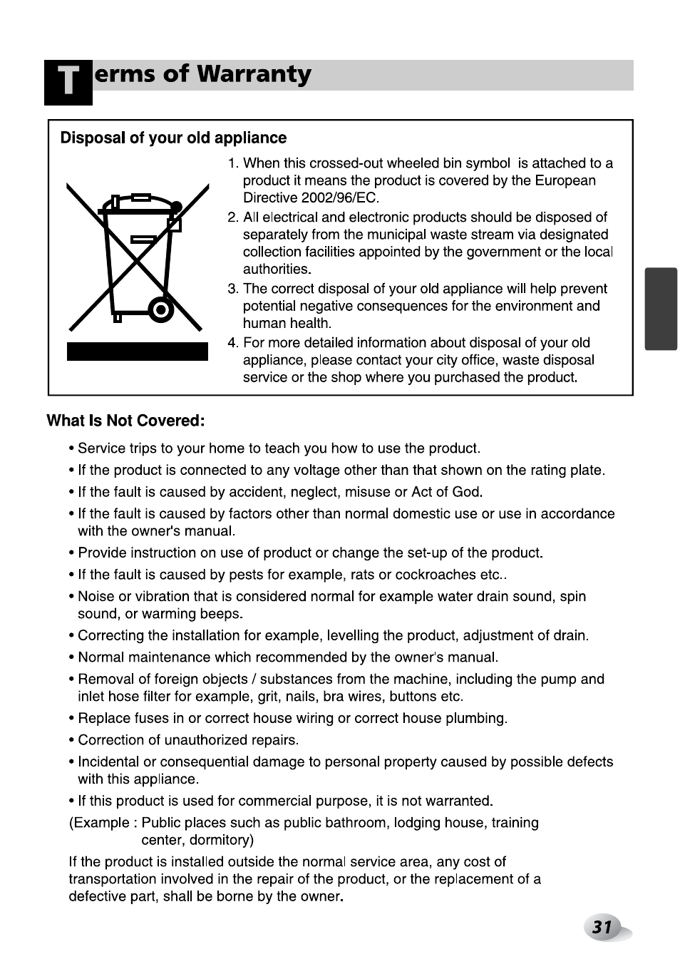 Erms of warranty, Disposal of your old appliance, What is not covered | Terms of warranty | LG F1492QD1 User Manual | Page 93 / 158