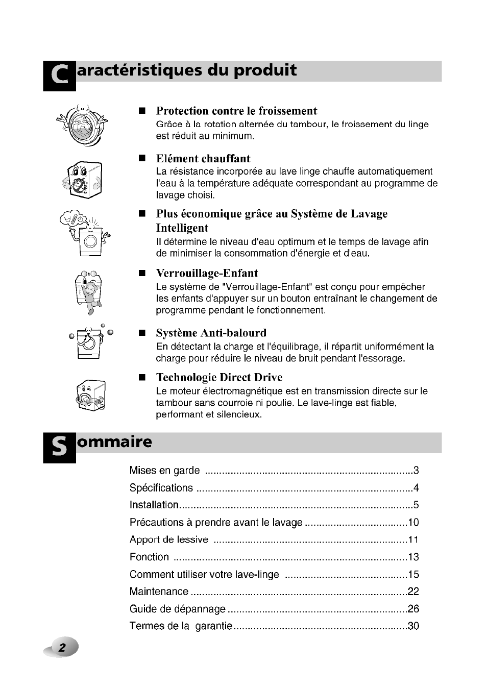 Protection contre le froissement, Elément chanffant, Système anti-balourd | Ommaire, Aractéristiques du produit, Verrouillage-enfant, Technologie direct drive | LG F1492QD1 User Manual | Page 96 / 158